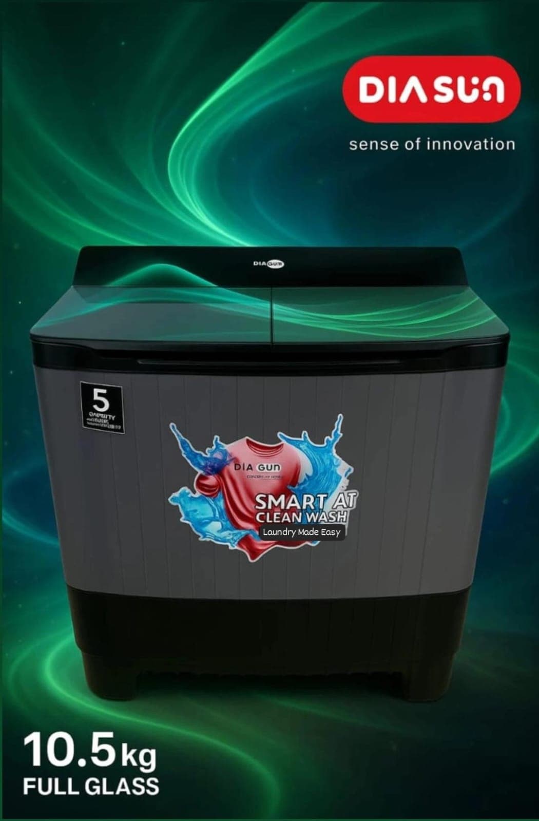 Dia Sun 10.5 Kg Semi Automatic Top Load (Grey Full Glass)